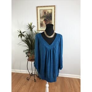 AGB Women Blouse Size XL V-Neck 3/4 Sleeve with Tab Boho Lagenlook Pullover